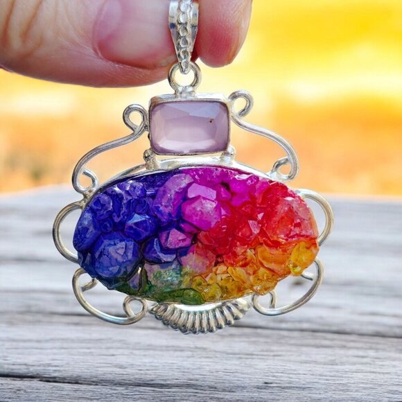 Rainbow Garnet ✦ Rose Quartz Pendant ✦ Sterling Silver Gem Cluster NWT - Picture 8 of 10